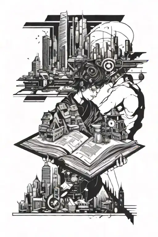 A futuristic cyberpunk cityscape with anime-inspired characters intertwined with book pages tattoo design idea
