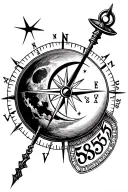 a compass pointing to a moon with 5855 written inside tattoo design idea