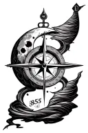 a compass pointing to a moon with 5855 written inside tattoo design idea