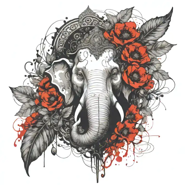 Ganesh with vine leaves an poppies blooming tattoo design idea