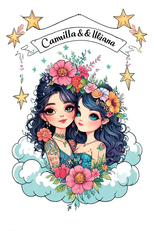 cartoon characters in clouds with stars and flowers and my daughters names. Camilla and Iliriana tattoo design idea