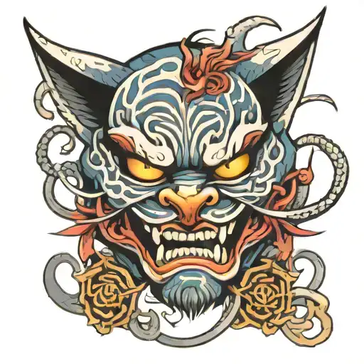 Japanese oni mask breaking in half with the face of a cat behind it  tattoo design idea