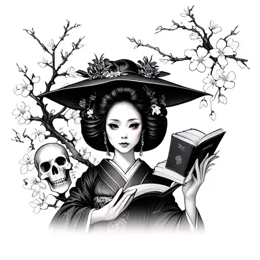 geisha with books, skulls, cherry blossoms, witch casting spells  tattoo design idea