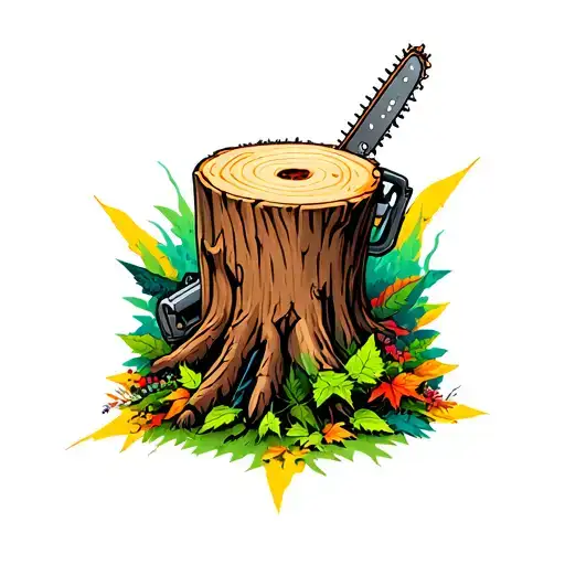 A new-school tattoo of a tree stump with a chainsaw stuck in it, surrounded by vibrant and colorful foliage tattoo design idea