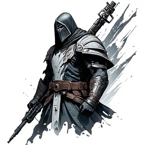 cayde from the game destiny 2 in a Japanese marble style tattoo design idea