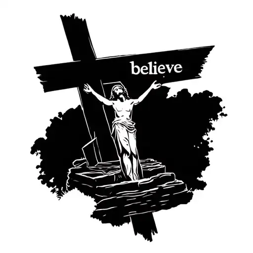 Create a single-line cross with the word "believe" incorporated, along with an image of an empty tomb tattoo design idea