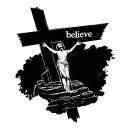 Create a single-line cross with the word "believe" incorporated, along with an image of an empty tomb tattoo design idea