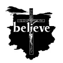 Create a single-line cross with the word "believe" incorporated, along with an image of an empty tomb tattoo design idea