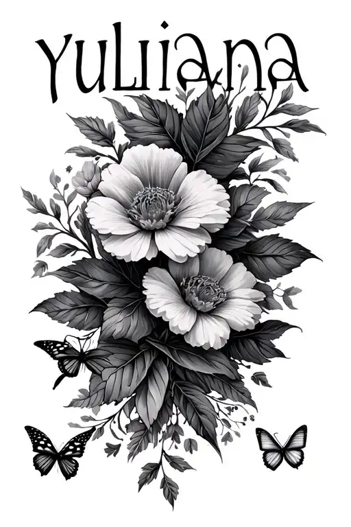 "Yuliana" Flores and butterflies tattoo design idea