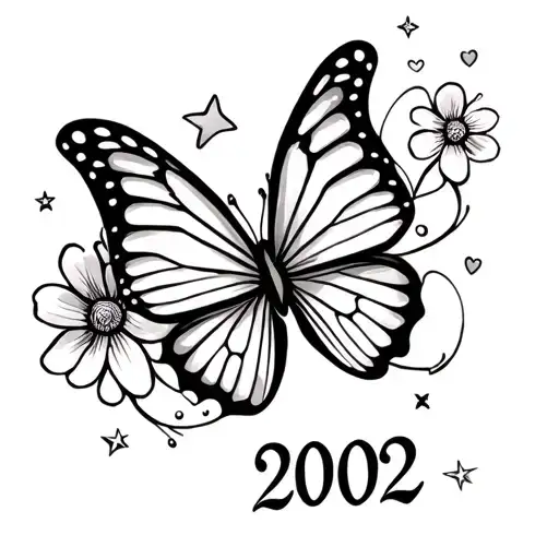 "2002" Ankle tattoo: large butterfly with one flower, small stars and hearts, At the bottom add ‘2002’ in outlined gothic font tattoo design idea