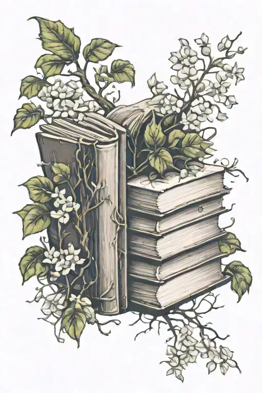 opened  books with branches of ivy and willow tree and flowers  tattoo design idea