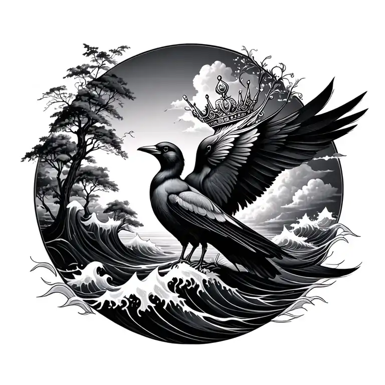 water waves nature elements like trees clouds surrounding she-king crown birds and feathers  tattoo design idea