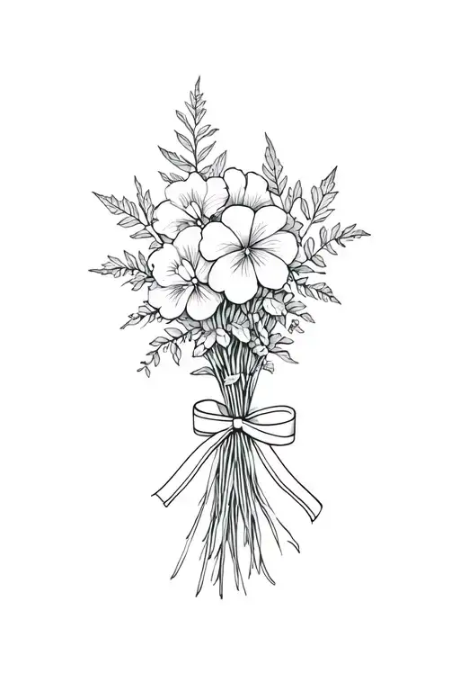 create a bouquet of nettles, gardenias, violets tied together with a ribbon tattoo design idea
