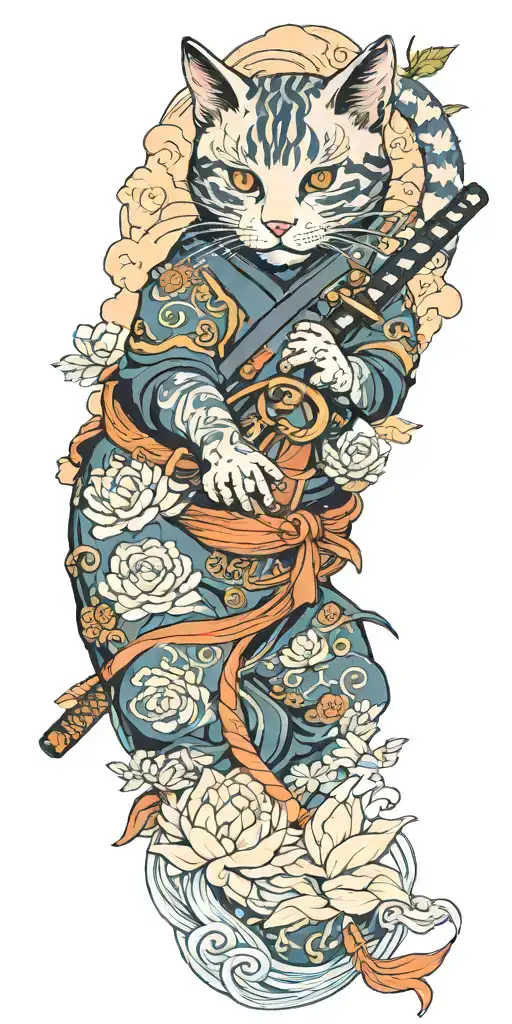 ninja cat holding katana, tail, water, waves, lotus, sakura, clouds, whirlpool, leaves, peony, sunset tattoo design idea