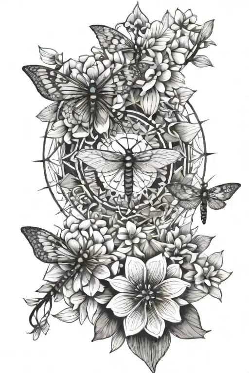 mandala with plumerias and dragonflies  tattoo design idea