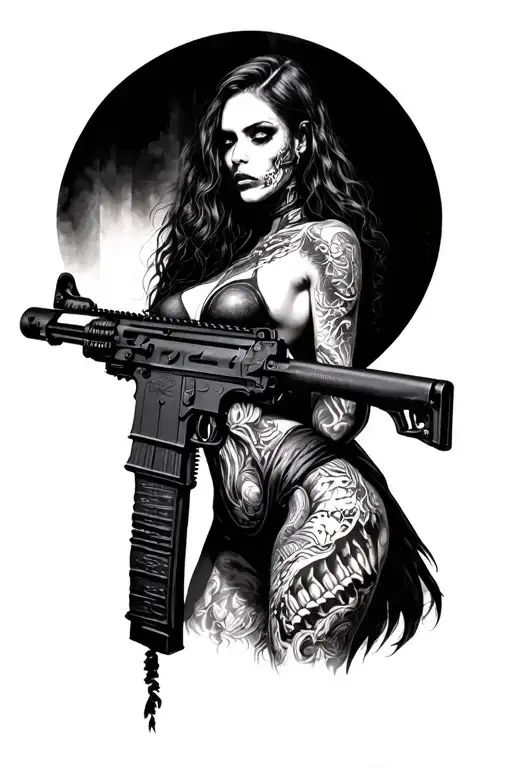 A huge m4 super detailed rifle, with a woman of the same size, but RH Giger Nightmarish version tattoo design idea