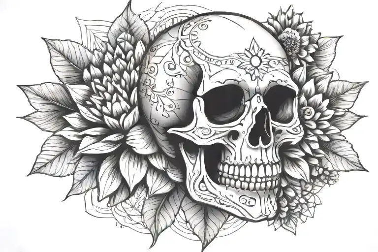 skull with mandala lotus flower, sunflowers and mushrooms tattoo design idea