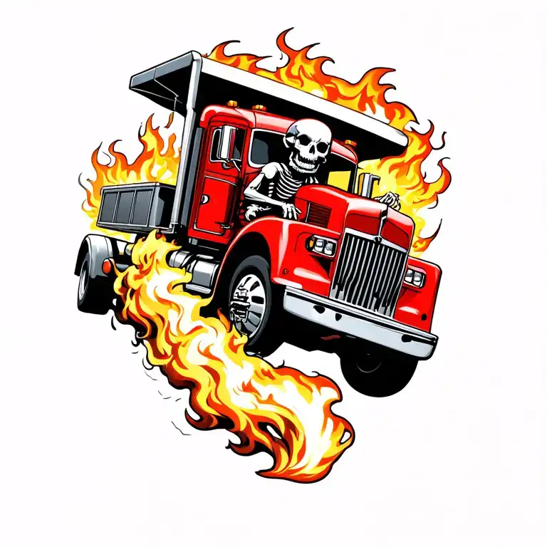Rat Fink inspired skeleton driving on top of a red semi truck with flames and smoke going fast tattoo design idea