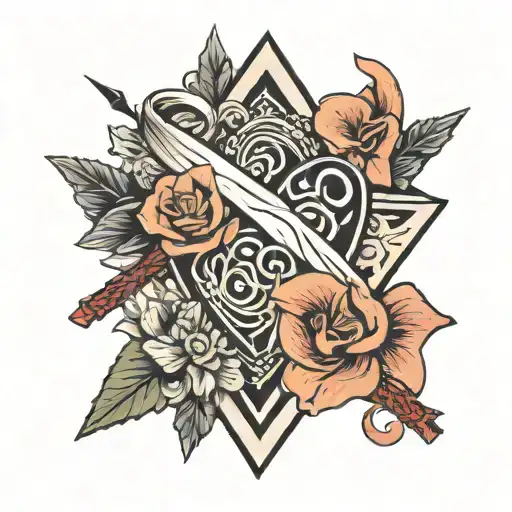 infinity heart symbol arrow through heart blooming with triangle inside wrapped in a banner tattoo design idea