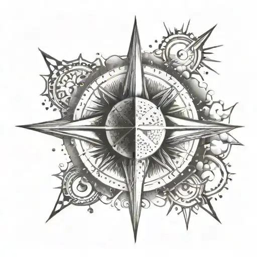 1 star aligned with 1 moon aligned with 1 sun and aligned with a compass rose tattoo design idea