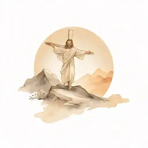 A black-grey design of Jesus carrying a cross up a mountain, symbolizing the journey of faith and perseverance tattoo design idea