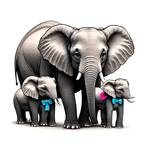 a mother elephants surrounded but 4 baby elephants 3 with blue bow ties and 1 with a pink bow all realistic black/grey tattoo design idea