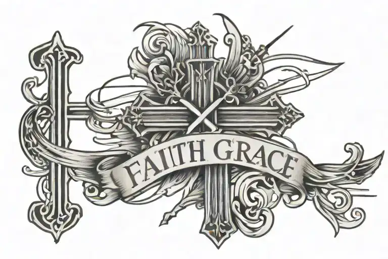 cross and the words Faith and grace on a background of lines tattoo design idea
