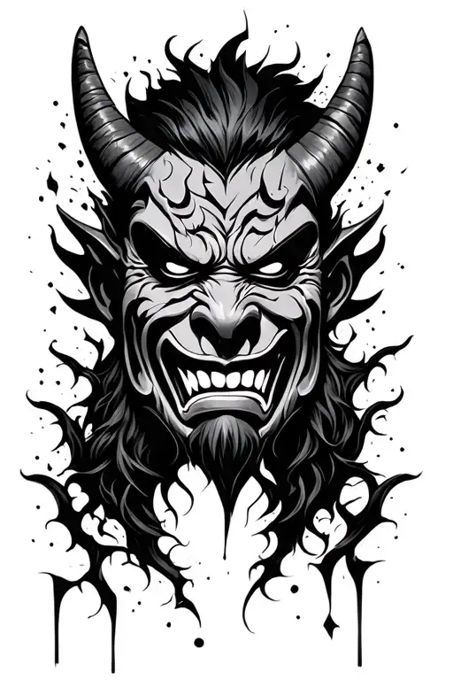 broken oni mask male face made tattoo design idea