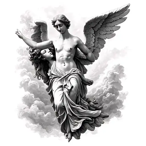 angel falling in Greek realism tattoo design idea