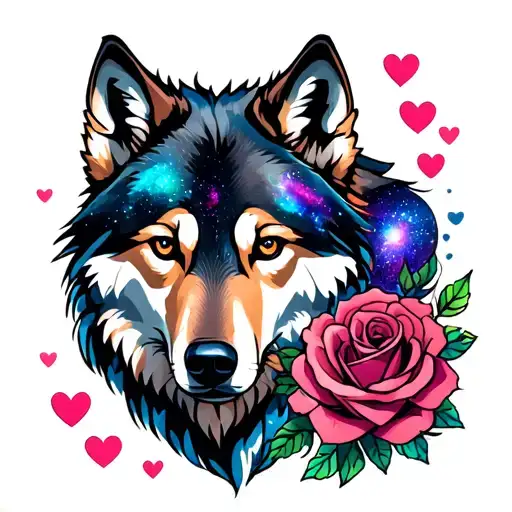 wolf rose love hearts galaxy tattoo design idea