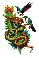 Mexican Sleeve Tattoo Design Featuring Tlaloc, Mayhuel, a luchador, a hummingbird, a nopal, an eagle catching a Snake tattoo design idea