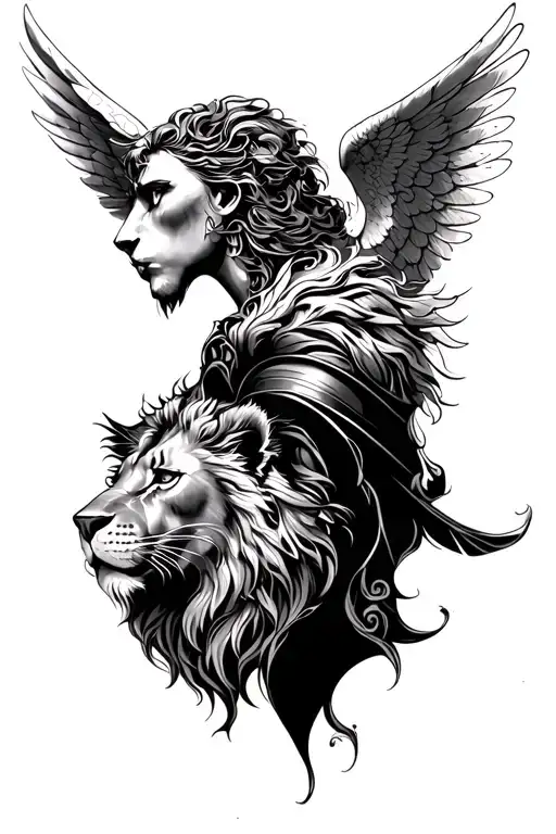 divine, suffering, warrior with lion head and angel wings,coloured tattoo design idea