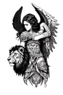 divine, suffering, warrior with lion head and angel wings,coloured tattoo design idea