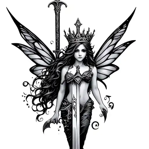 fairy with crown and sword tattoo flash  tattoo design idea