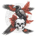 A raven perched on a skull with intricate line work, and viking patterns woven into the feathers and skull. tattoo design idea