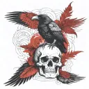 A raven perched on a skull with intricate line work, and viking patterns woven into the feathers and skull. tattoo design idea