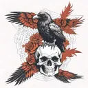 A raven perched on a skull with intricate line work, and viking patterns woven into the feathers and skull. tattoo design idea