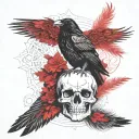A raven perched on a skull with intricate line work, and viking patterns woven into the feathers and skull. tattoo design idea