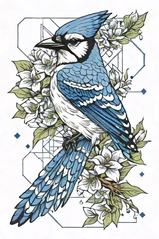 blue jay bird flying, larkspur flowers, stars tattoo design idea