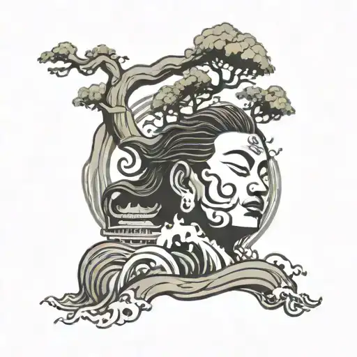buda under the tree with a tsunami wave crashing tattoo design idea
