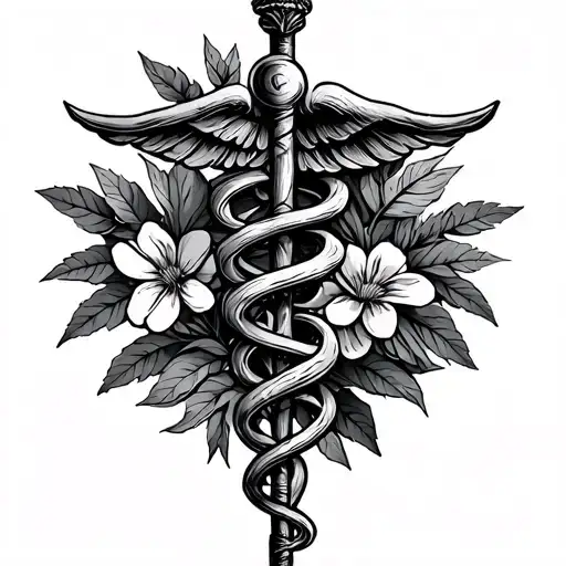 Rod of Asclepius with foliage around the staff, floral  tattoo design idea