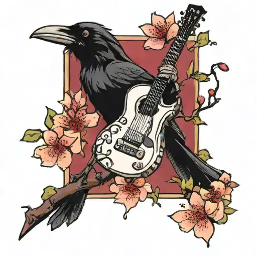 A crow playing a guitar in a cherry blossom tree tattoo design idea