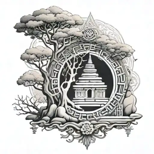 Bodhi tree, stupa, dharma wheel budishm tattoo design idea