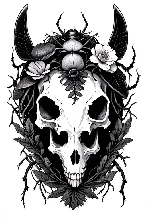 cottagecore with bugs and animal skulls leaning and forming tattoo design idea