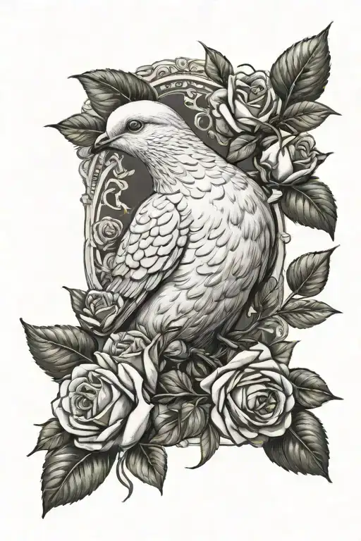 dove perched with olive branch wrapped surrounded by roses  tattoo design idea