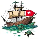 A half sunken ship, with turtles swimming under water representing my two daughters, a sunken chest, and Trinidad flag tattoo design idea