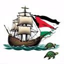 A half sunken ship, with turtles swimming under water representing my two daughters, a sunken chest, and Trinidad flag tattoo design idea