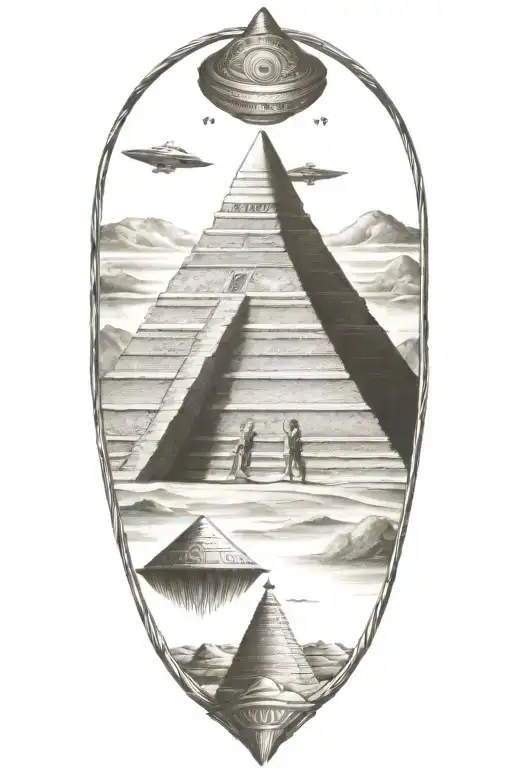 Aztec pyramid with a UFO hovering tattoo design idea