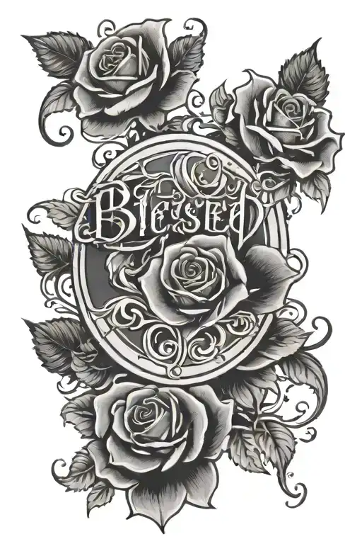 the word blessed letters surrounded by black roses around it  tattoo design idea