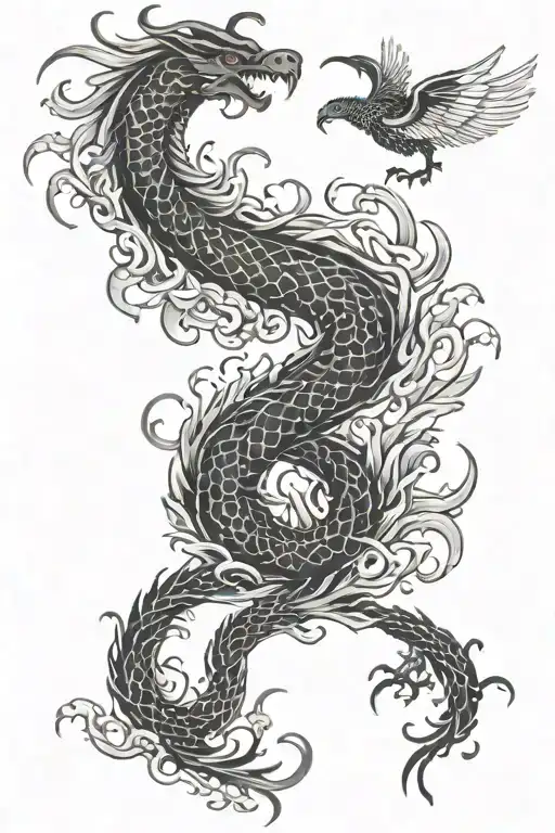 Combine Japanese tattoo designs with elements of Greek mythology, such as a dragon intertwined with a phoenix, symbolizing rebirth and strength tattoo design idea
